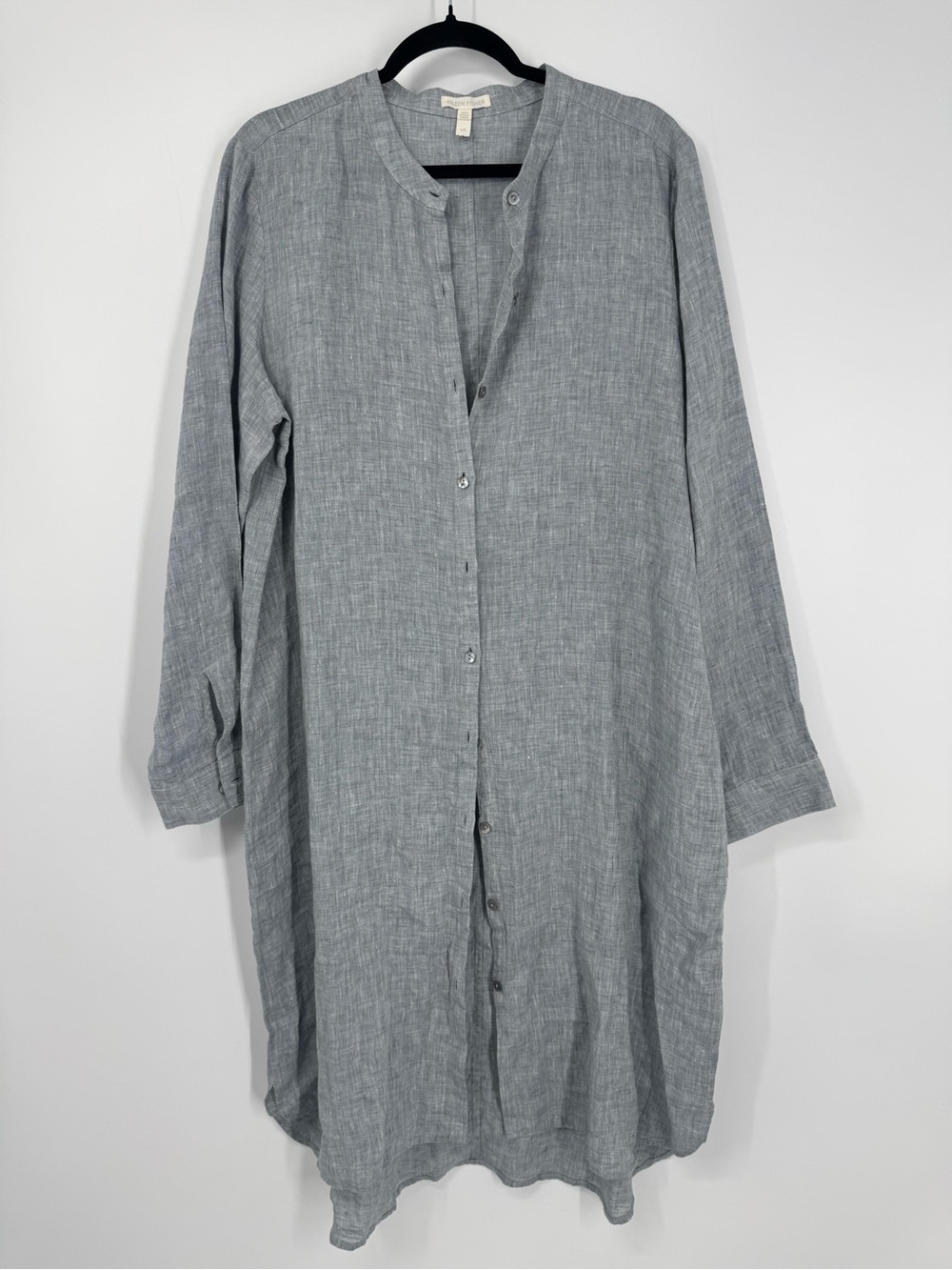 Eileen Fisher Mandarin Collar Organic Linen Shirt Dress Gray High Low Size L - Picture 3 of 14